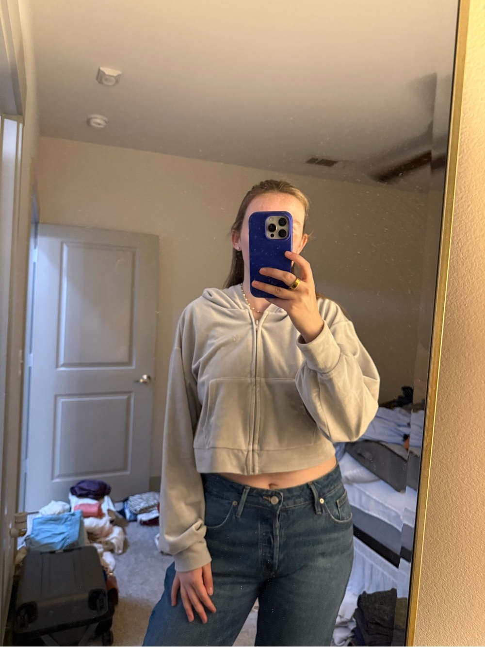 Gianni Bini Light Gray Cropped Zip Hoodie